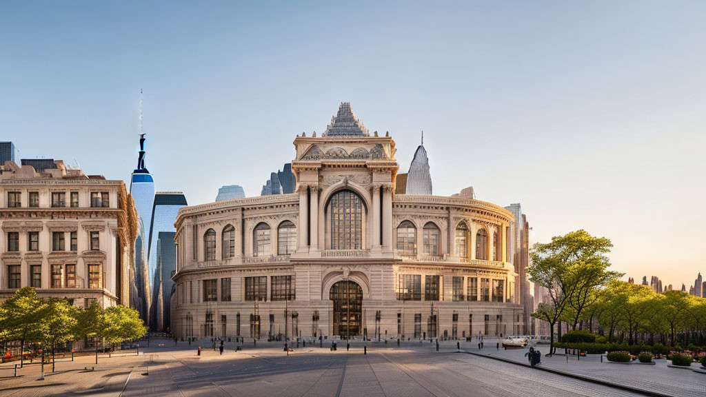 Neoclassical Building at Sunrise with Blue Sky and Skyscrapers