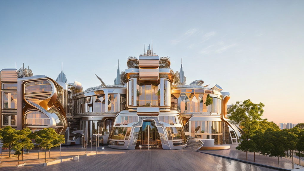 Sleek futuristic building with glass facades and metallic details surrounded by trees and clear sky at dusk