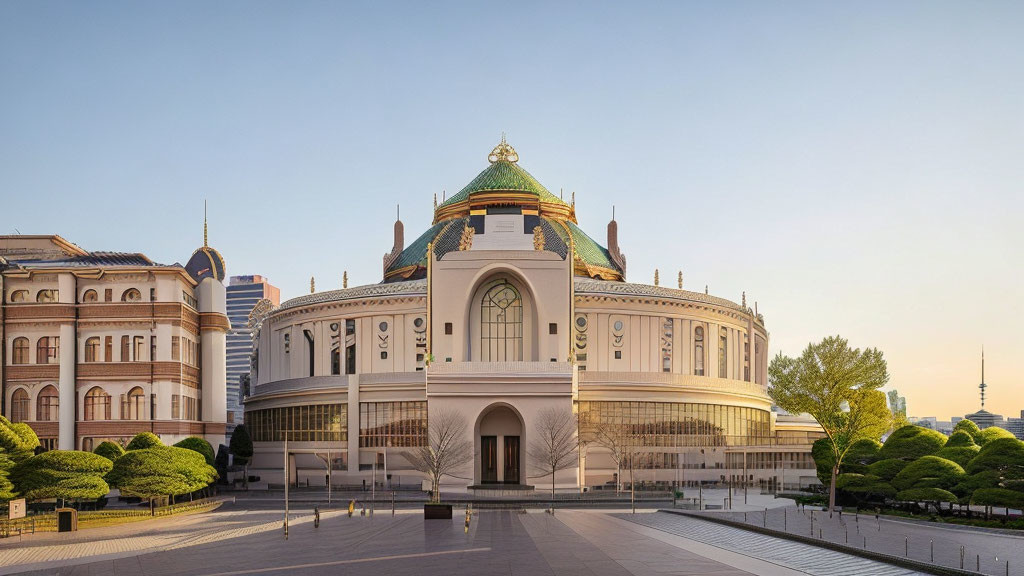 Neoclassical building with dome and arches surrounded by trees under clear sky