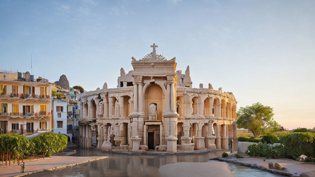 Ancient Roman Amphitheater with Detailed Stone Facade and Modern Buildings at Sunrise