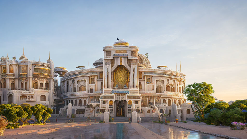 White palace with domes, arches, and carvings by tranquil water at sunrise or sunset