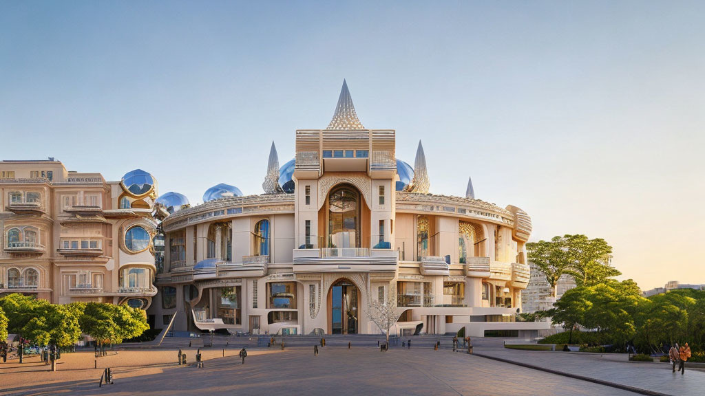 Ornate modern building with spire and spherical structures at sunset