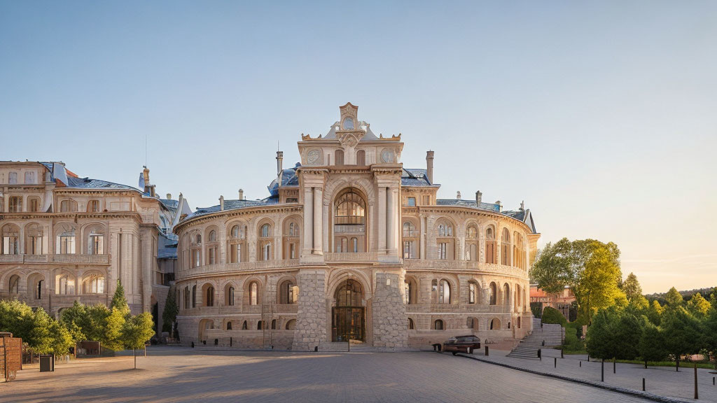 Historical building with ornate architecture and arched entrance at dawn or dusk