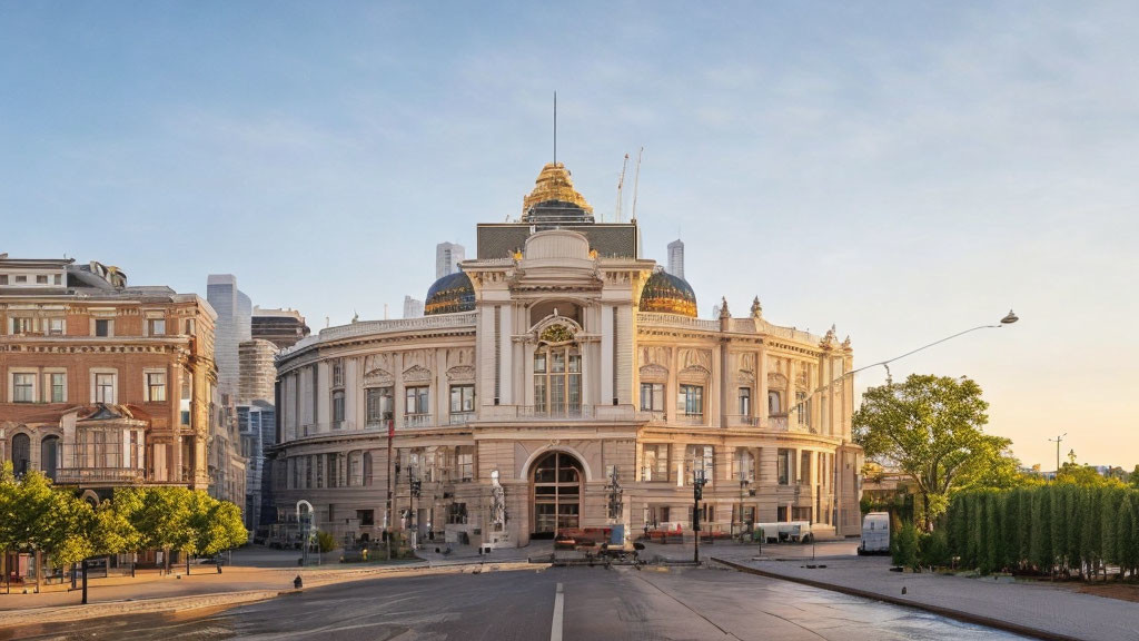 Neoclassical building with dome and trees on empty street at sunrise or sunset