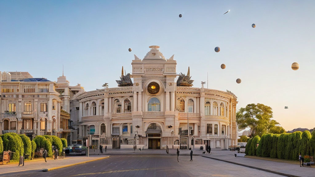 Neoclassical white building with central clock and lantern-lit sky