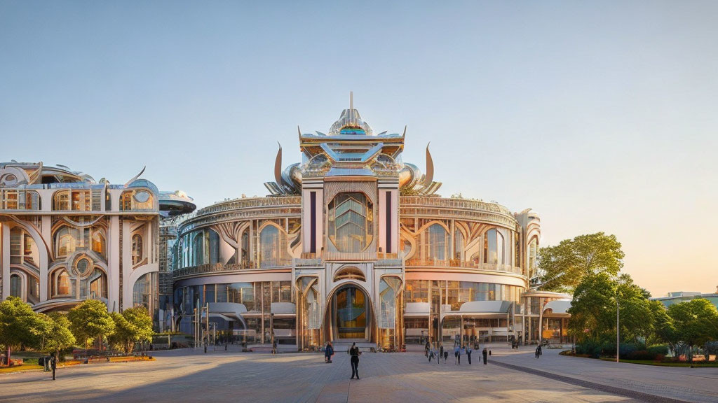 Ornate modern building with large arch and elaborate facades