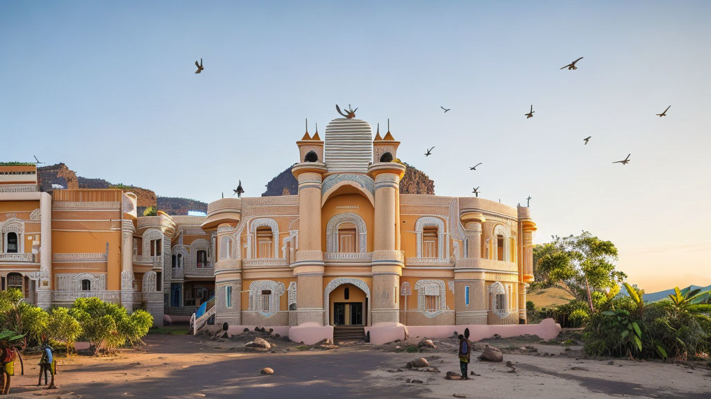 Peach-Colored Building with Arches and Towers under Blue Sky