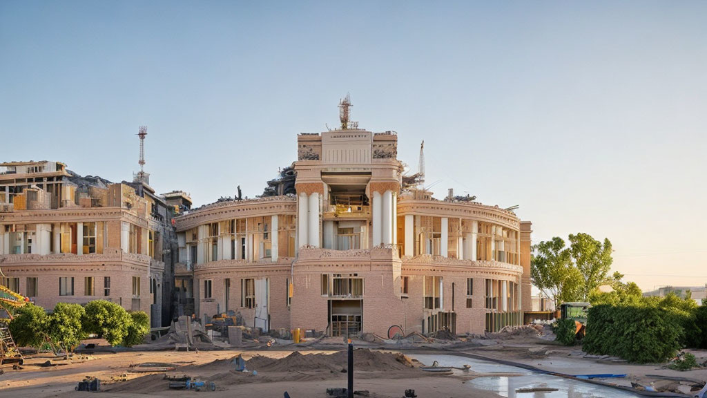 Under-construction classical-style building with scaffolding and construction materials against clear sky