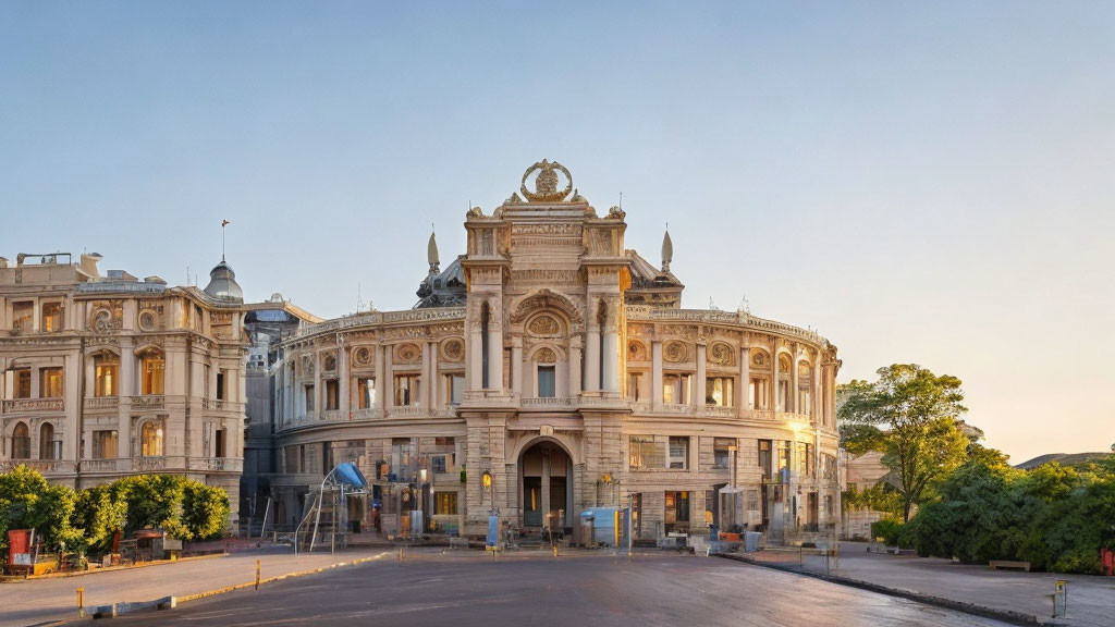 Historic building with intricate architecture at sunrise surrounded by trees