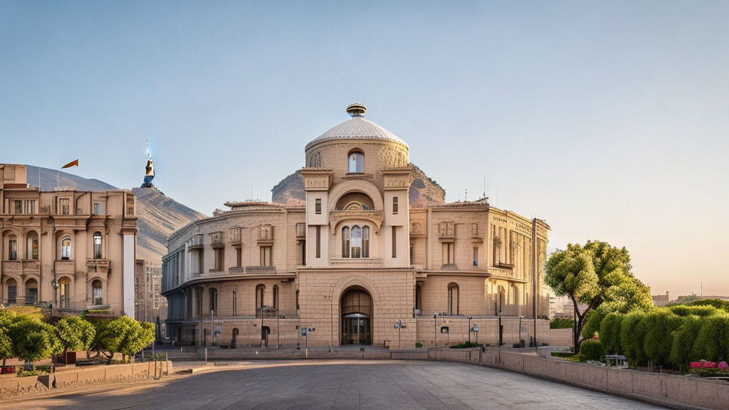 Neoclassical dome building with columns and flags in empty street