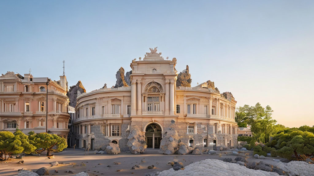 Neoclassical building with pink structures and sculpted trees