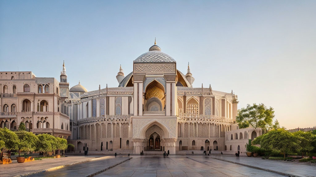 Majestic mosque with large entrance arch and twin minarets