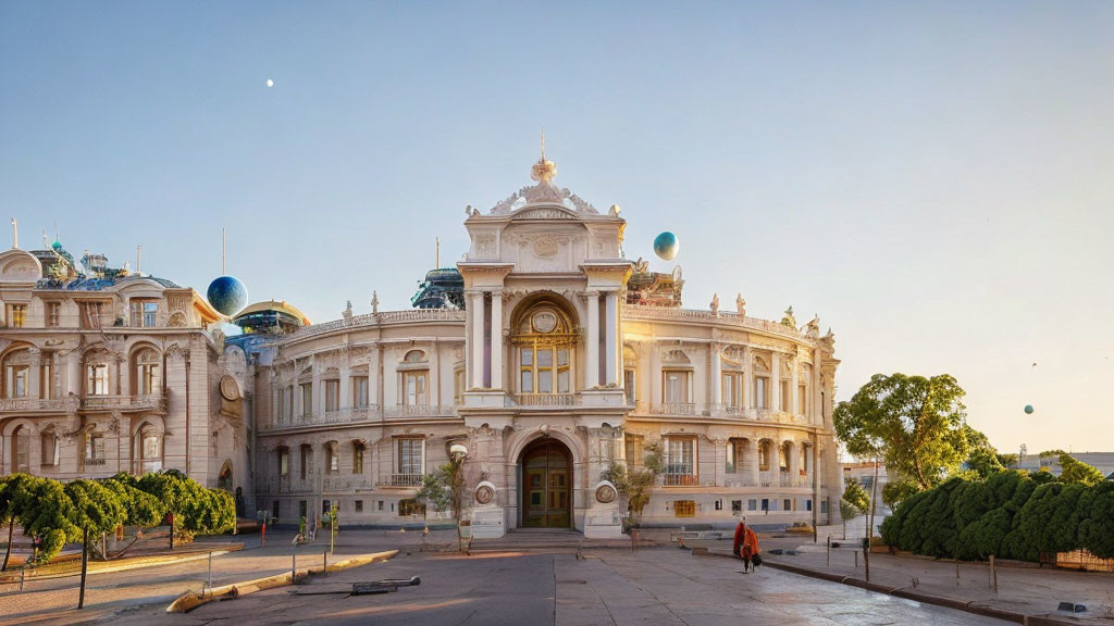 Ornate architecture with central archway and spherical structures under clear sky at sunrise or sunset