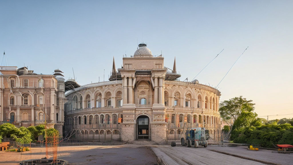 Historic building architecture with arches and domes, construction equipment in foreground