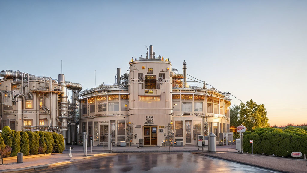 Sunset view of modern industrial building with metallic exterior and cylindrical structures