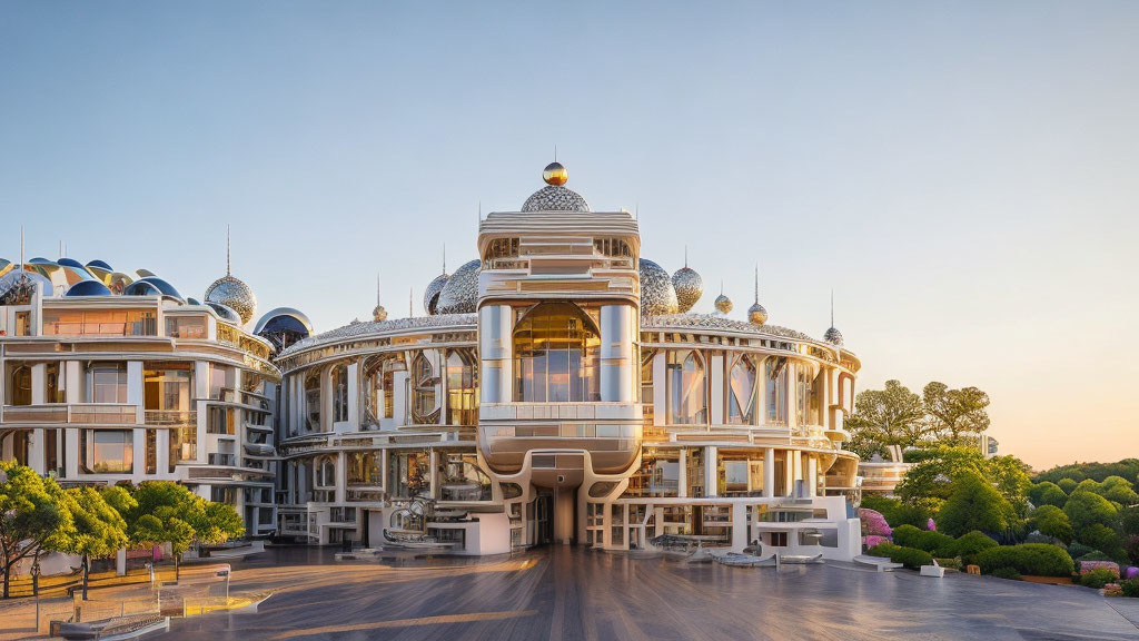 Luxurious Hotel with Modern Rounded Architecture and Silver Domes