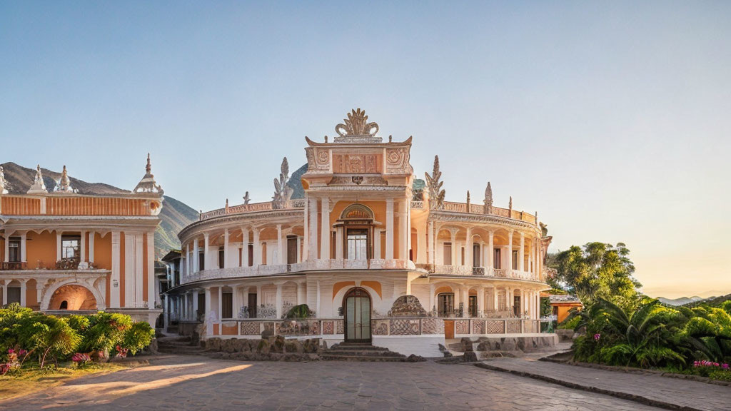 Ornate Historic Mansion with Tranquil Garden at Sunrise or Sunset