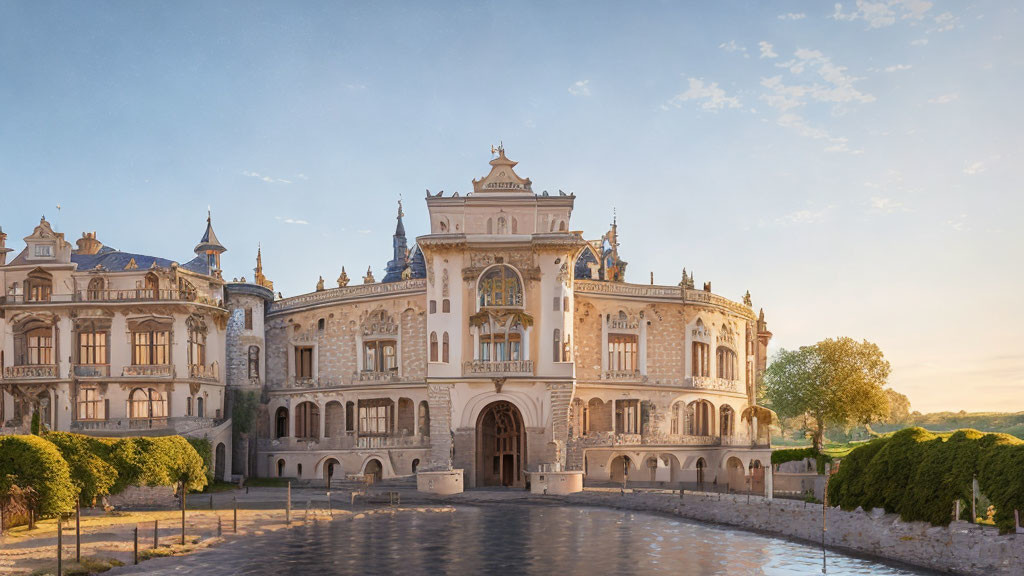 Baroque-style palace with ornate façades and reflecting pool at sunset