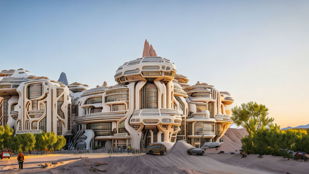 Organic futuristic buildings in desert landscape at golden sunset.