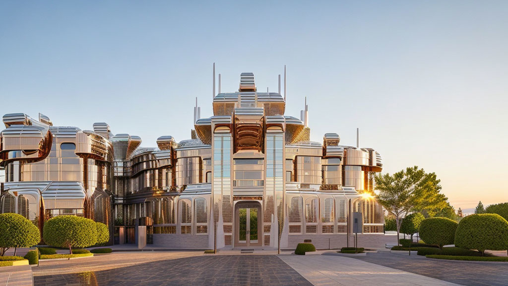 Futuristic metallic and traditional brick building against clear sky