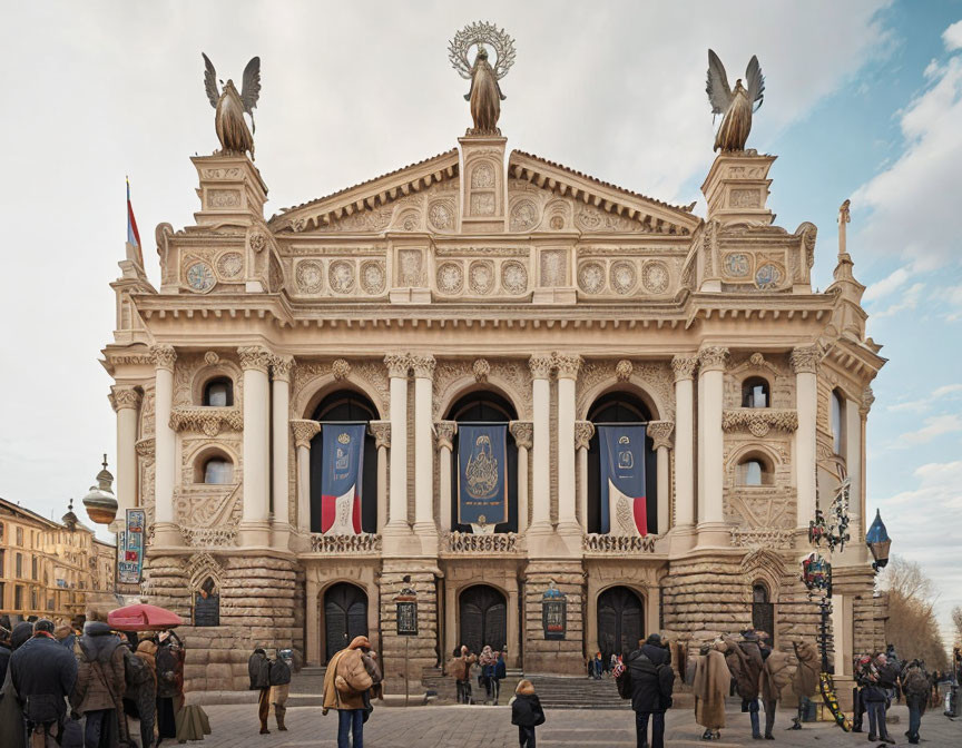 Ornate Building with Statues, Flags, and Arched Entrances