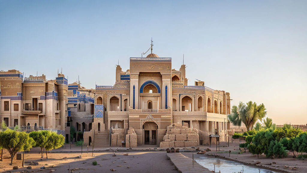 Traditional Building with Arched Entrances and Cross, Palm Trees in Clear Sky