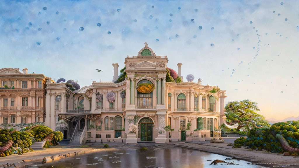 Classical architecture mansion surrounded by greenery and pond with floating bubbles