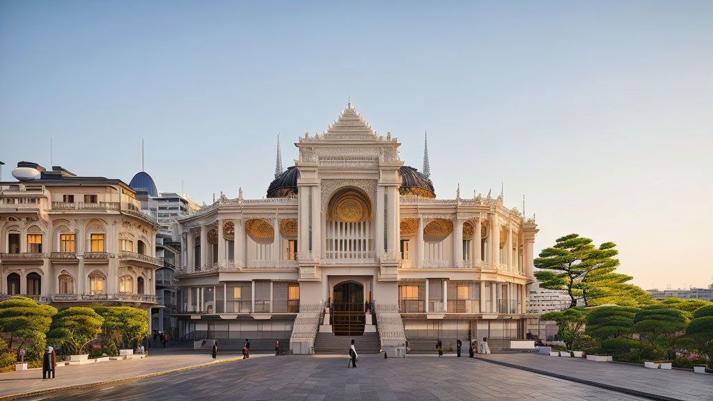 Classical architecture: Elegant white building with grand staircase and golden details