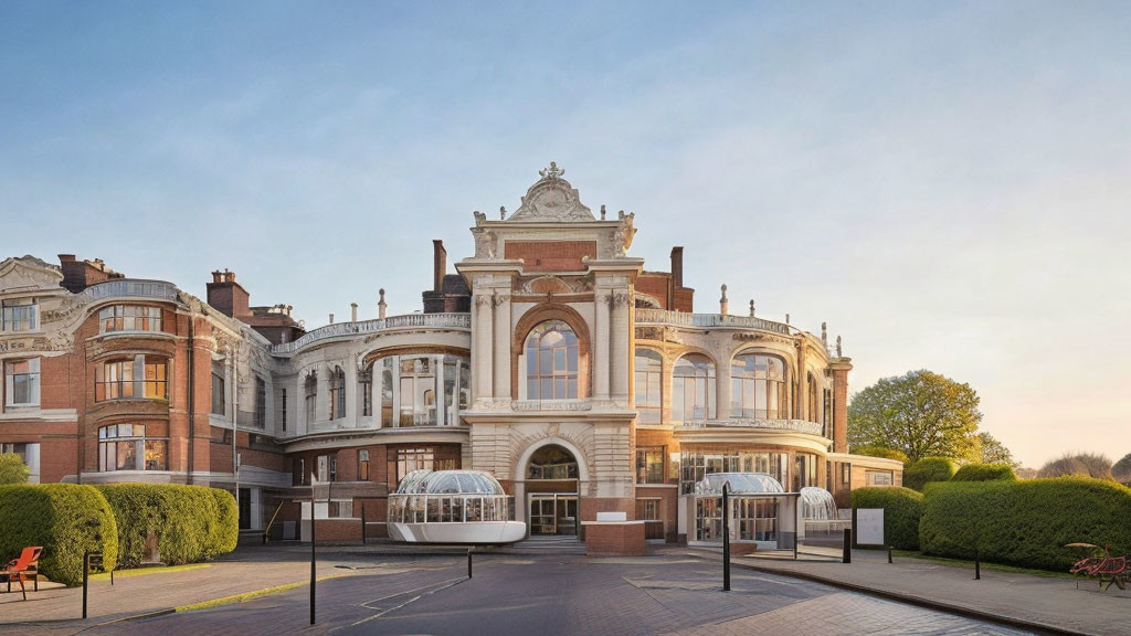 Historic building with classic facade and arched entrance under twilight sky