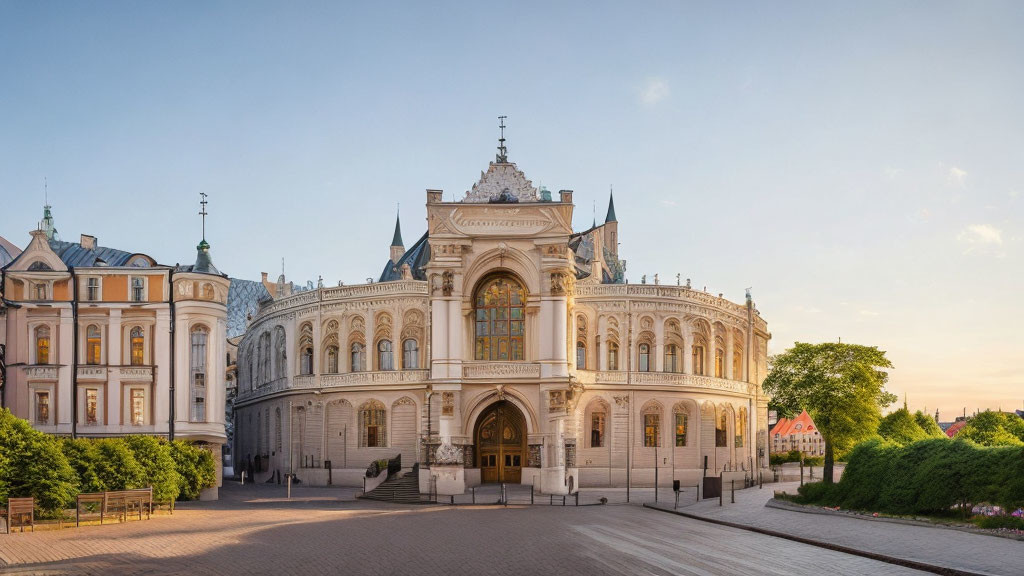 Historic ornate building with white facades and grand entrance at sunset