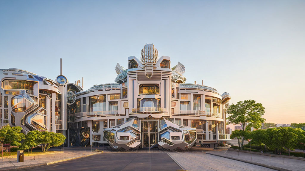 Unique Metallic Futuristic Building Amid Trees at Dusk