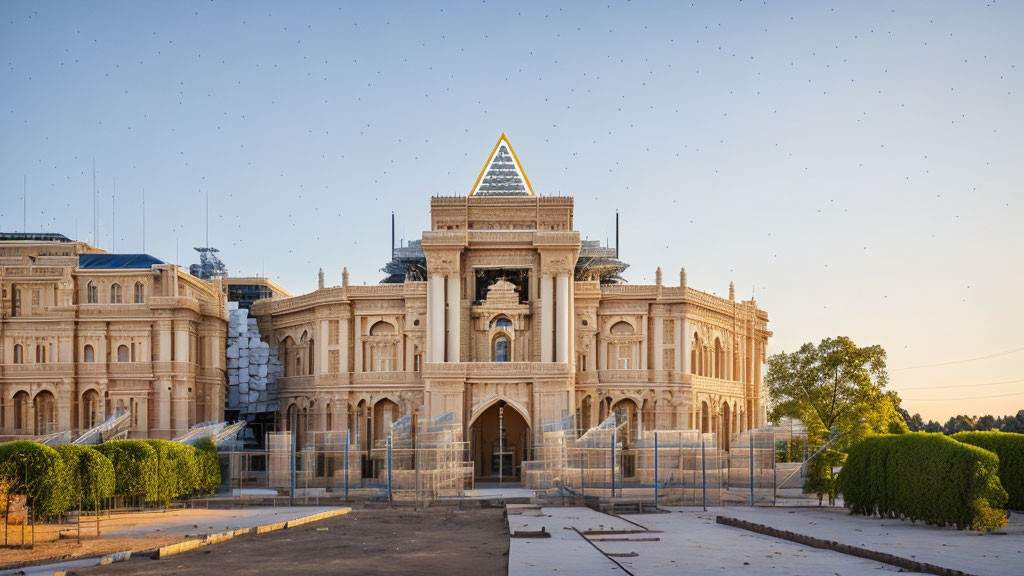 Elaborate Building Under Construction with Triangular Pediment and Archways