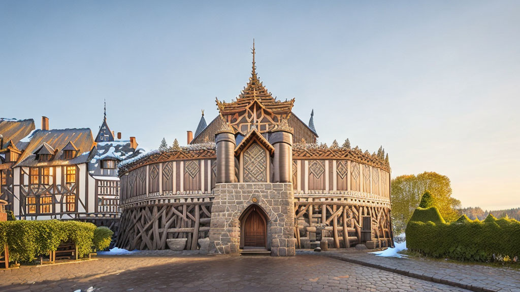 Timber-framed building with stone entrance under clear sky and light snow