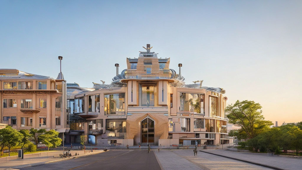 Ornate modern architectural building with symmetrical classical structures and staircase entrance at dusk