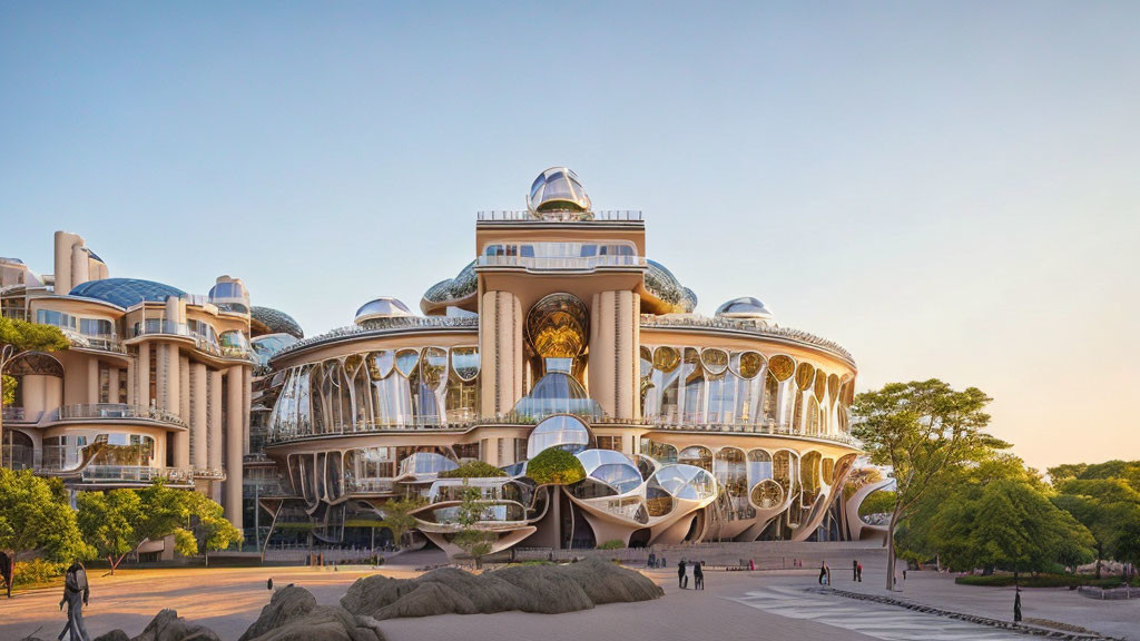 Modern architecture with reflective domes and round windows in a natural setting