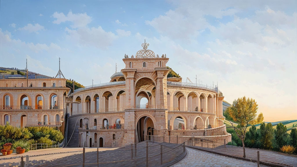 Historic building with arches and decorative crest against clear sky and lush green hills