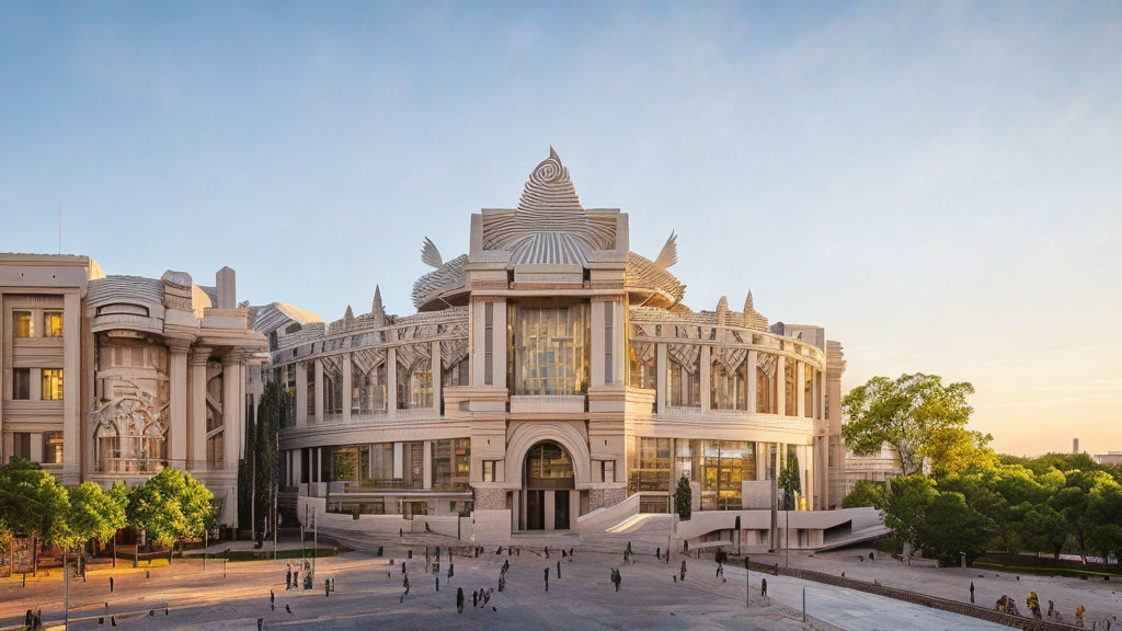 Neoclassical building with modern twist and elaborate facade at sunset