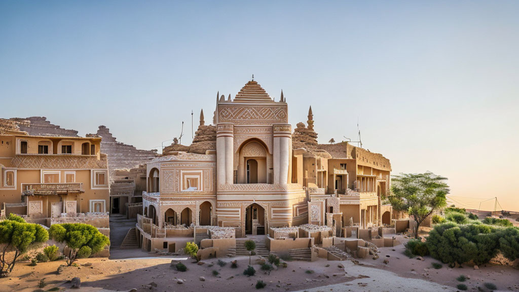 Ornate traditional desert architecture against clear blue sky