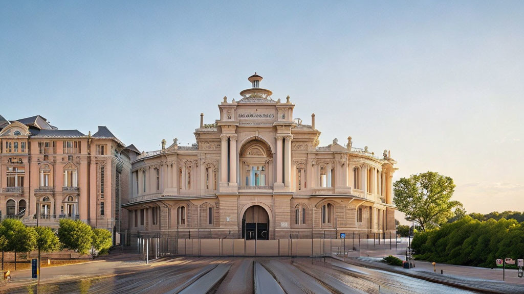 Neoclassical Theater Building at Dawn with Elaborate Architectural Details