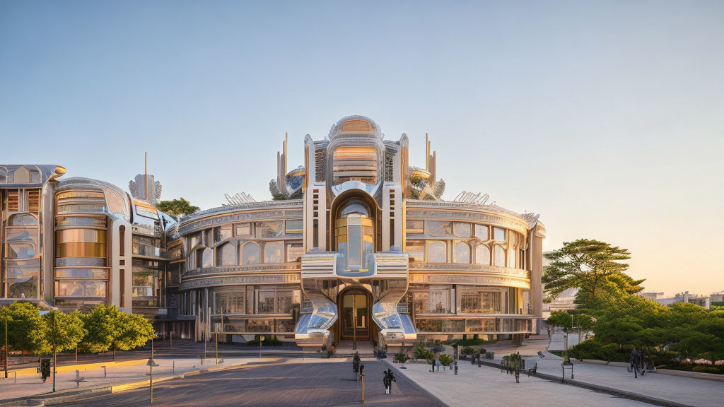 Elaborate Facade of Futuristic Building with Glass Windows and Metalwork