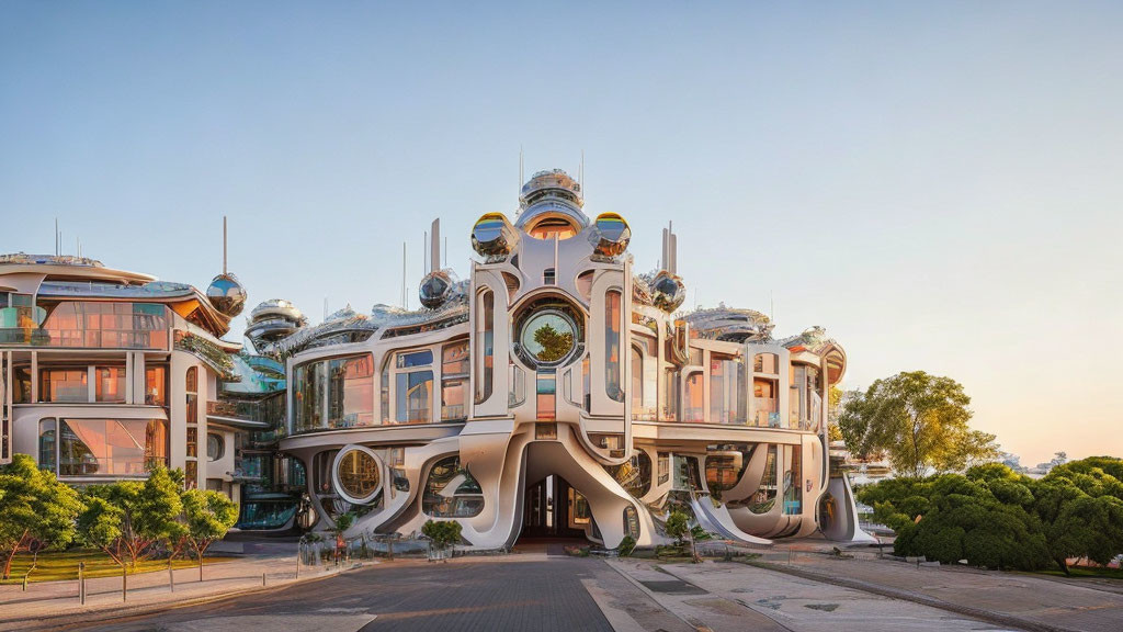 Unique futuristic building with round windows and organic shapes against clear dusk sky