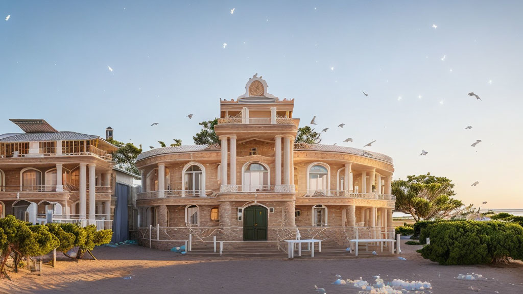 Beige seaside villa at dusk with flying birds