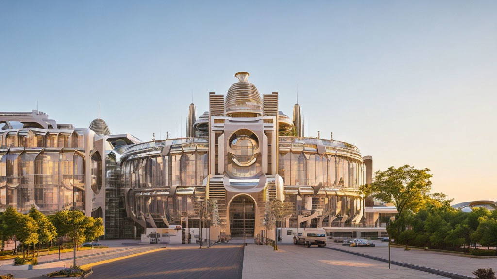 Circular Glass Building at Sunset Surrounded by Trees