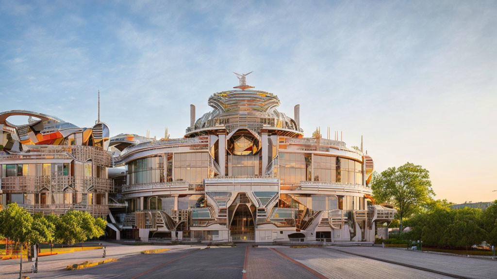 Futuristic metallic and glass building with circular designs and central dome under clear sunset sky