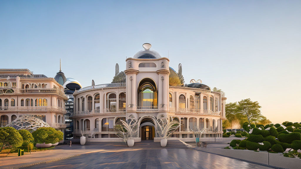 Architectural structure with arched windows and ornate railings in golden hour scenery.