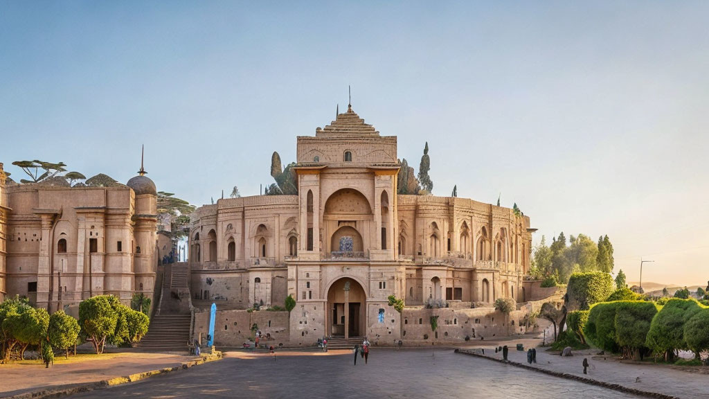 Historical fortress with arched entrances and domed towers under clear blue sky