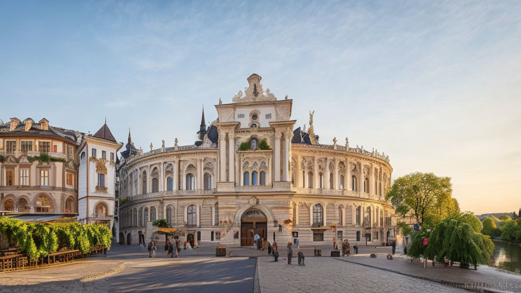 Neoclassical building with detailed façades and pediment, surrounded by trees and people in square