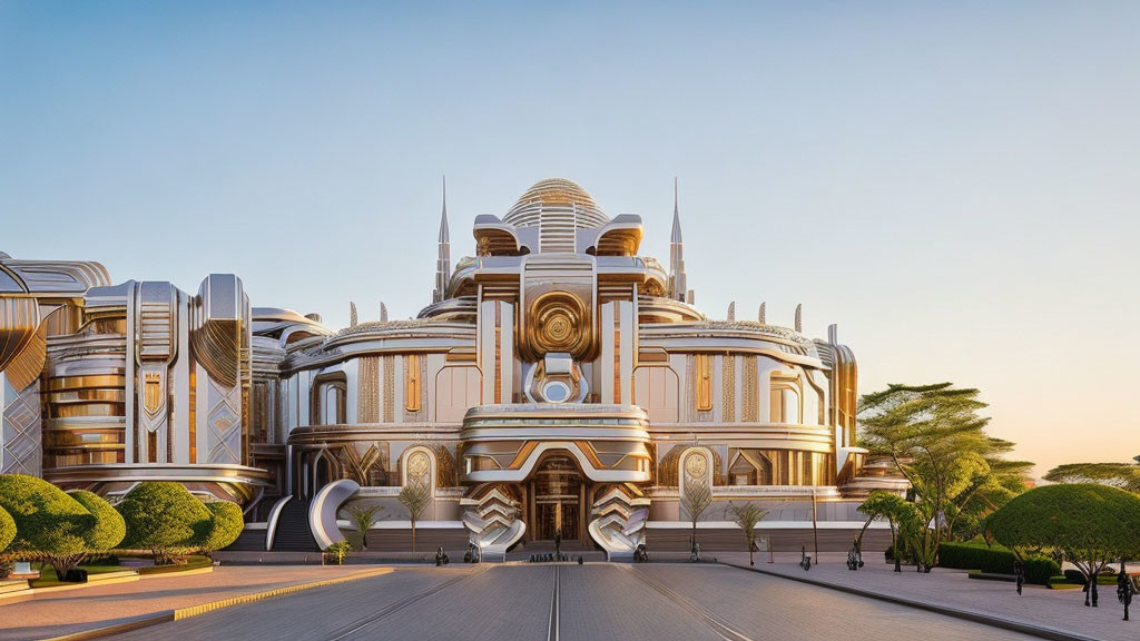 Symmetrical metallic futuristic building with domes and intricate details against clear sky and trees.