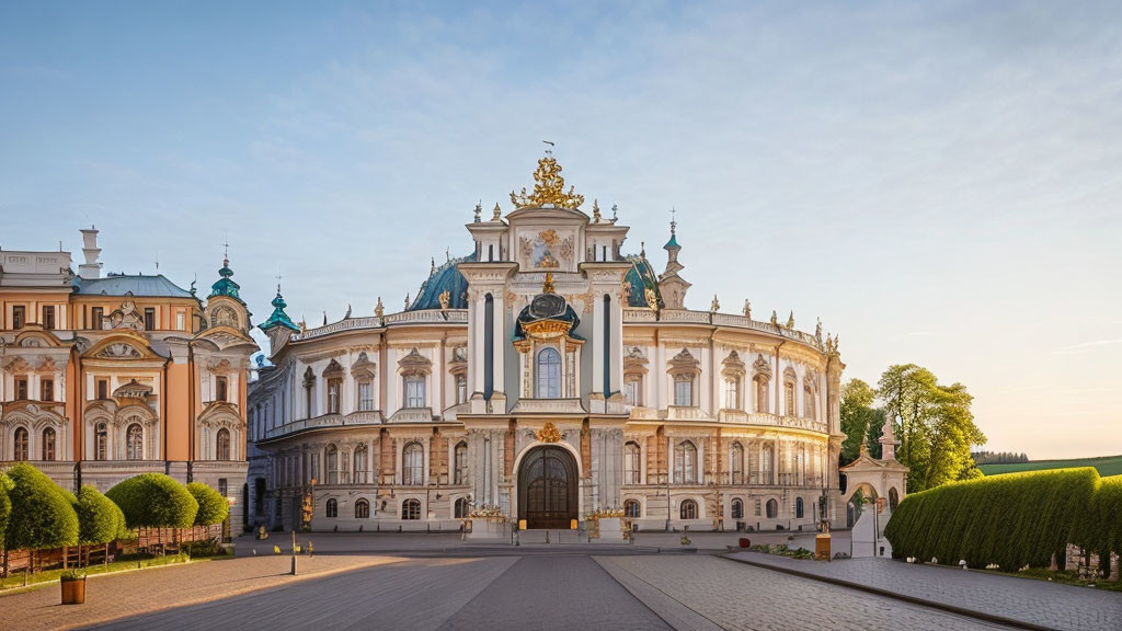 Ornate Baroque Palace with Golden Details and Lush Green Trees