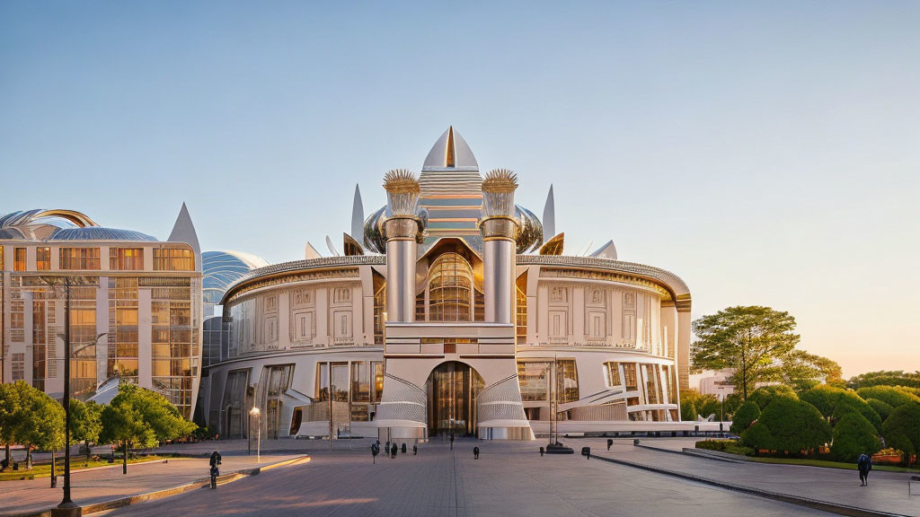 Distinctive modern building with conical spires and traditional motifs against clear sunset sky, people walking.